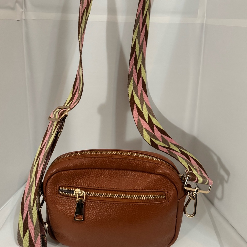 Pom Pom London Leather Crossbody Tan Braided Strap Shoulder Bag Women’s